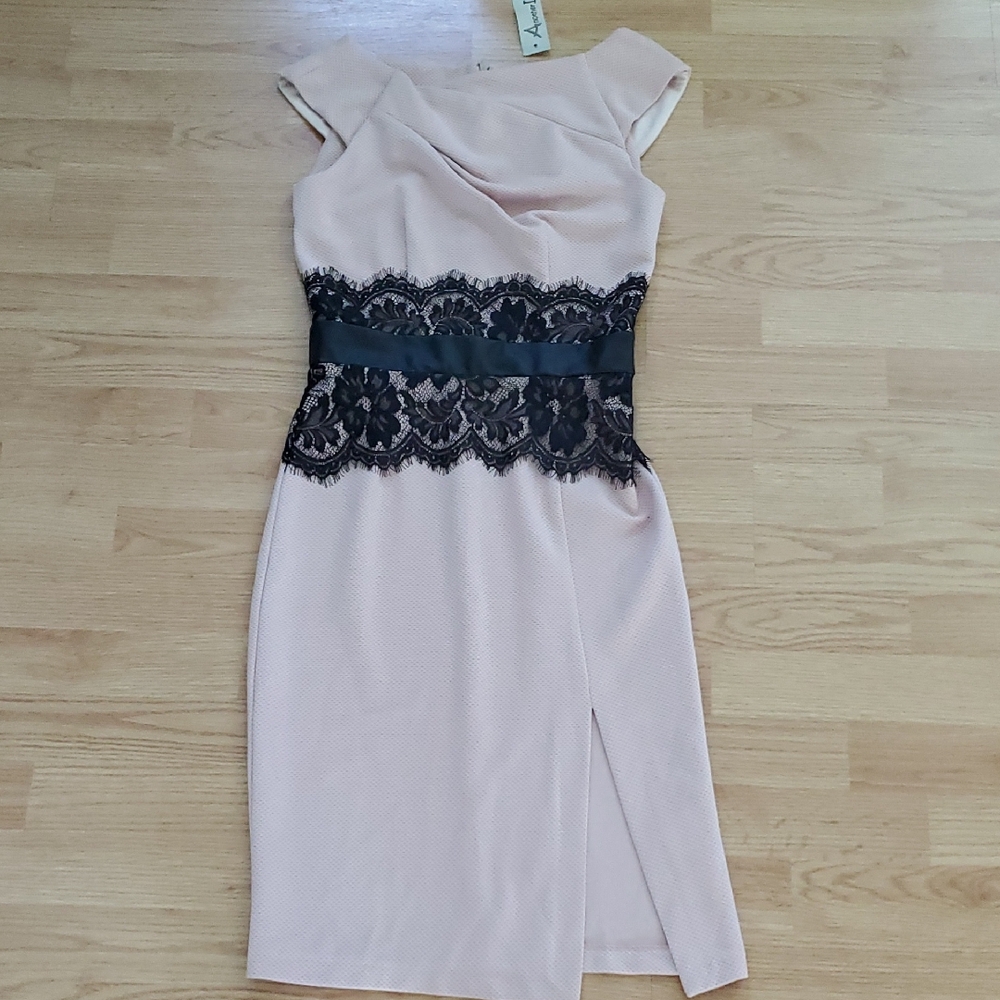 Elegant Lace Midi Dress in Blush and Black Size UK 8 EURO 36